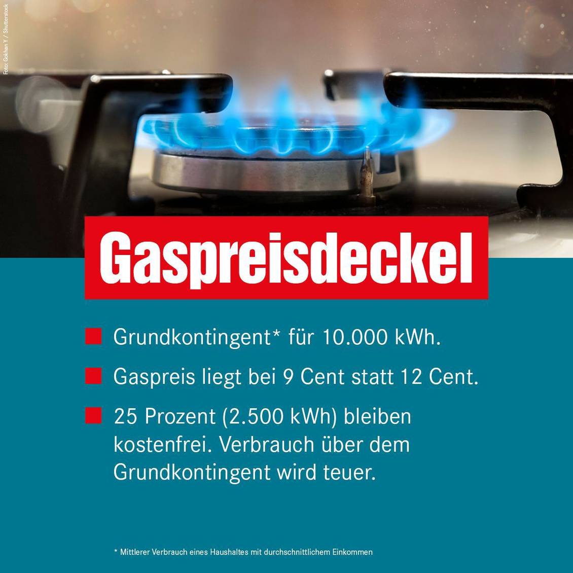 Das Foto zeigt eine Gasflamme in Nahaufnahme, dazu das Wort "Gaspreisdeckel".
