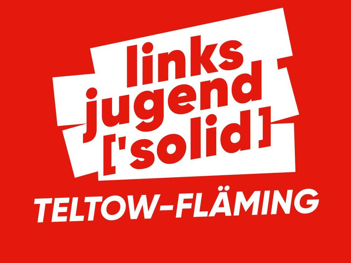 Die Grafik zeigt in weiß auf rotem Grund das Logo der Linksjugend ['solid] Teltow-Fläming.