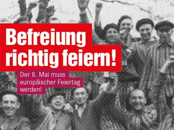 Die Grafik zeigt eine Gruppe von Zwangsarbeitern und Kriegsgefangenen, die sich nach ihrer Befreiung am Ende des 2. Weltkrieges freuen.