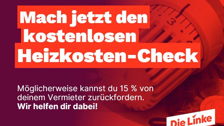 Die Grafik zeigt ein Heizungsthermostat, davor die Worte "Mach jetzt den kostenlosen Heizkostencheck".