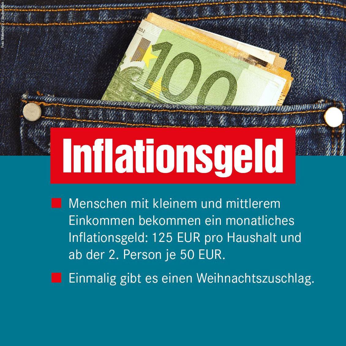 Das Foto zeigt ein Bündel Geldscheine in Nahaufnahme, dazu das Wort "Inflationsgeld".