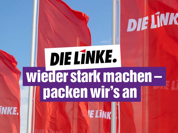 Das Foto zeigt mehrere Fahnen der Partei Die Linke und dazu die Worte "DIE LINKE wieder stark machen - packen wir es an!".